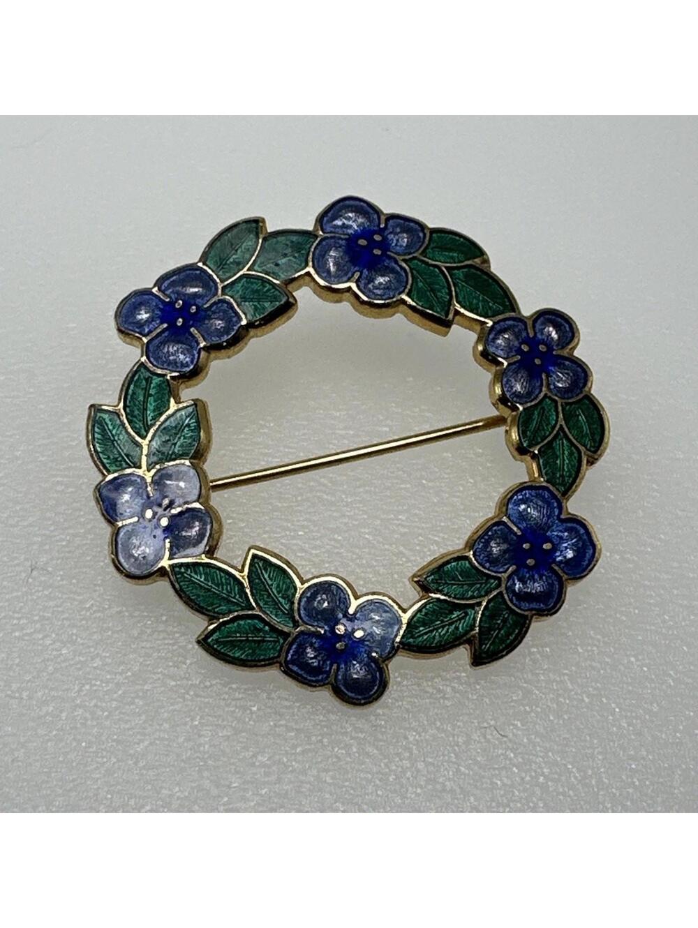 Pansy Brooch Pin Made By Fine Enamels 22k Gold Plated Blue Flowers Green Leaves